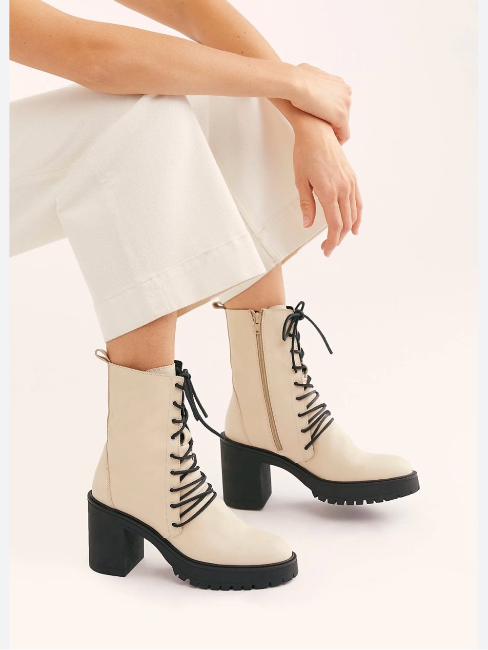 Free People Cream Lace-Up Chunky Heel Combat Boots‎
